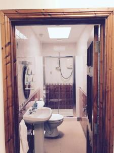 een badkamer met een toilet, een wastafel en een douche bij Barbers Hall Apartment Town Center in Belmullet