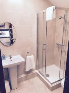 een badkamer met een douche en een wastafel bij Barbers Hall Apartment Town Center in Belmullet