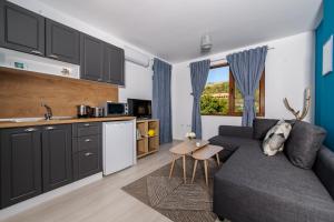a living room with a couch and a kitchen at Rebus Apartments in Sandanski