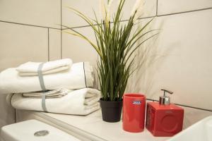 a bathroom with towels and a plant on a counter at ¨Socrates¨ Traditional Apartment In The Center Of Athens in Athens