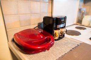 a red toilet sitting on top of a kitchen counter at Muses old town ioannina Calliope in Ioannina