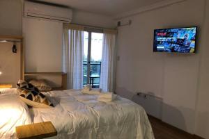 um quarto com uma cama grande e uma televisão na parede em Apart del Puerto 01 em Santa Fé