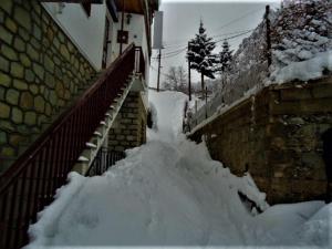 邁措翁的住宿－Hotel Acropolis Metsovo，一座建筑物旁的雪覆盖的楼梯