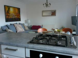 a kitchen with a stove top in a living room at Two bedroom London Luxury Apartment in London