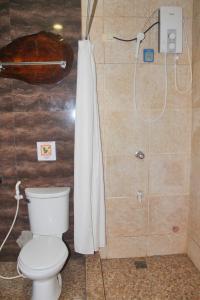 
a bathroom with a toilet and a shower stall at Deep Forest Garden Hotel in Puerto Princesa City
