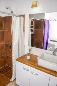 a bathroom with a sink and a shower at Hostel Mar y Campo in Piriápolis