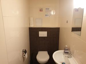 a small bathroom with a toilet and a sink at Pension I in Berlin