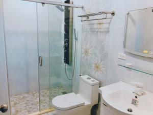 a bathroom with a shower and a toilet and a sink at Yun Shan Shuei Country House in Fengping