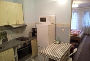eine kleine Küche mit einem kleinen Tisch und einer Mikrowelle in der Unterkunft Apartment Barbara in Regensburg