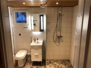 a bathroom with a toilet and a shower and a sink at Lake Sieri House in Rovaniemi