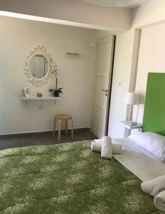 a bedroom with a bed and a mirror and a green rug at Filippos Resort II by Karidi in Vourvourou