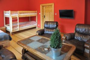 a living room with a couch and a table and bunk beds at Apartament Dobry klimat in Miedzygorze