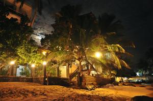 a palm tree in front of a house at night at La Veranda Di Serena in Unawatuna
