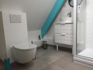 a white toilet sitting in a bathroom next to a bath tub at Manoir de la Houlette in Saint-Pierre-du-Vauvray