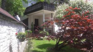 a house with a tree with red flowers in the yard at Kirhouse Apartment in Bohinjska Bela