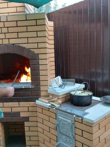 a brick oven with a grill and a pan at Дом у моря in Zatoka