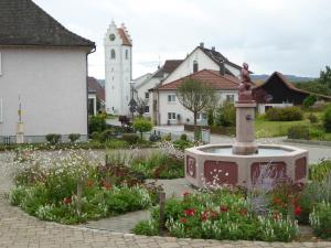 un jardín con una fuente en medio de una ciudad en Ferienwohnung MOEWE, en Herdwangen-Schönach