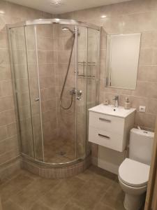 La salle de bains est pourvue d'une douche, de toilettes et d'un lavabo. dans l'établissement Parko apartamentai, à Panevėžys