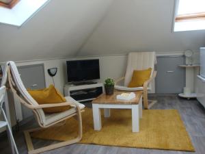 ein Wohnzimmer mit 2 Stühlen, einem Tisch und einem TV in der Unterkunft Valckesteyn in Poortugaal