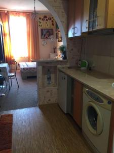 una cocina con lavadora y secadora. en Krāslava City Apartment, en Krāslava