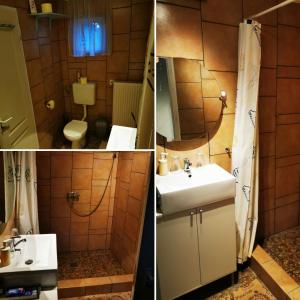 2 immagini di un bagno con lavandino e servizi igienici di DalmApartman a Budapest