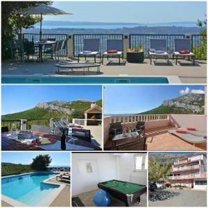 a collage of four pictures of a pool table and a pool table at Villa Anteana with view and pool of 60m2 in Solin