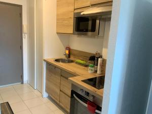 a kitchen with a sink and a stove top oven at Studio Bord De Mer in Santa-Lucia-di-Moriani