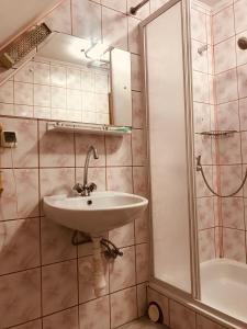 La salle de bains est pourvue d'un lavabo et d'une douche. dans l'établissement DOM NaD JEZIOREM, à Krasnogruda