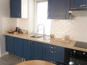 een keuken met blauwe kasten en een wastafel bij Les Bambous in Brest