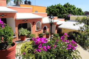 un patio de una casa con flores en macetas en Hotel Antigua Posada en Cuernavaca