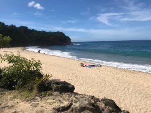 a beach with a person laying on the sand at Location Vacances in Deshaies