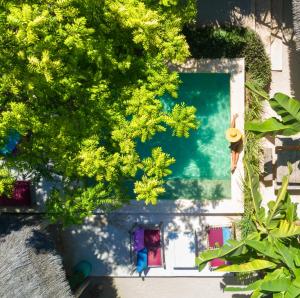 een uitzicht over een zwembad met bomen bij Zanzistar Lodge in Jambiani