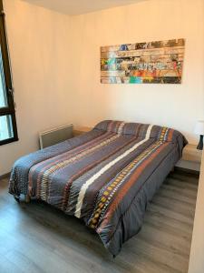 um quarto com uma cama com um cobertor colorido em Appartement 4p luchon cures & ski Soda em Luchon