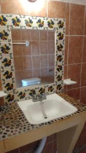 La salle de bains est pourvue d'un lavabo et d'un miroir. dans l'établissement La Coral Beach House, à Puerto Escondido