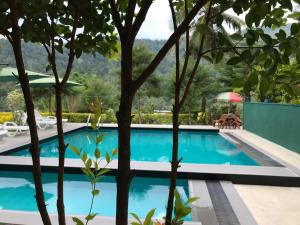 a swimming pool with trees in the foreground at Cottage 2010 in Matale