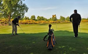 dos hombres jugando golf en un campo de golf en Thorpeness Golf Club and Hotel, en Thorpeness