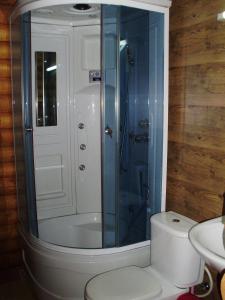 a white toilet sitting in a bathroom next to a shower at "LiAn" Family Hotel & Restaurant in Volosyanka