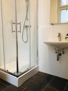 a bathroom with a shower and a sink at Modernes Apartment am Viktoria Luise Platz in Berlin