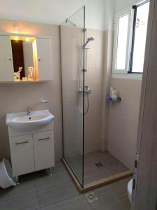 a bathroom with a glass shower and a sink at Twins Studios in Benitses