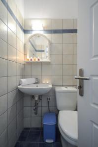 a bathroom with a toilet and a sink and a mirror at Bernie House in Mélanes