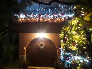a christmas tree in front of a building with lights at Apartments villa MaVeRo in Banjole
