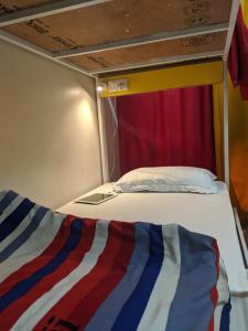 a bed in a small room with a red curtain at The Desire Hostel in New Delhi