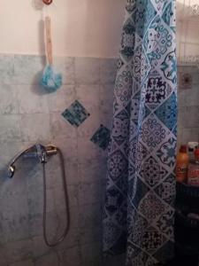 a shower with a shower curtain in a bathroom at Mitsani Country House in Ágios Matthaíos