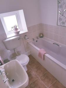 a bathroom with a tub and a toilet and a sink at Granny Dens in Donegal