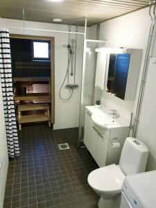 e bagno con servizi igienici, lavandino e doccia. di Adorable Arctic Apartment with sauna a Rovaniemi