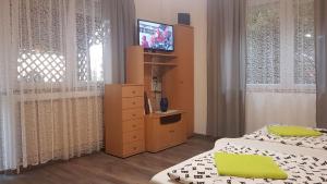 a bedroom with two beds and a television in it at Kovács Vendégház in Mátraderecske