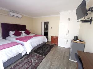 a bedroom with two beds and a flat screen tv at Lucolo Palace B&B - East London in East London