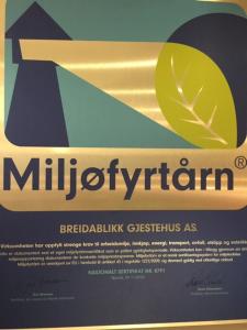 Certifikát, hodnocení, plakát nebo jiný dokument vystavený v ubytování Breidablikk Guesthouse