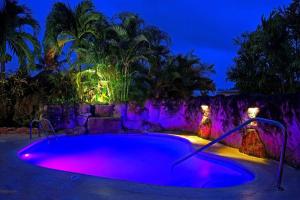 a pool with purple lights in a backyard at night at Vida Mejor-Waterfall in Saint James