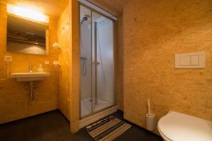 een badkamer met een douche, een toilet en een wastafel bij Sust Lodge am Gotthard in Hospental